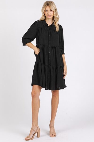 Mittoshop Button Detail Collared Neck Tiered Shirt Dress Casual Dresses