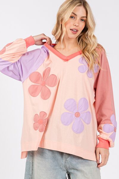 SAGE + FIG Full Size Daisy Applique Patch Color Block Long Sleeve Top Hoodies & Sweaters