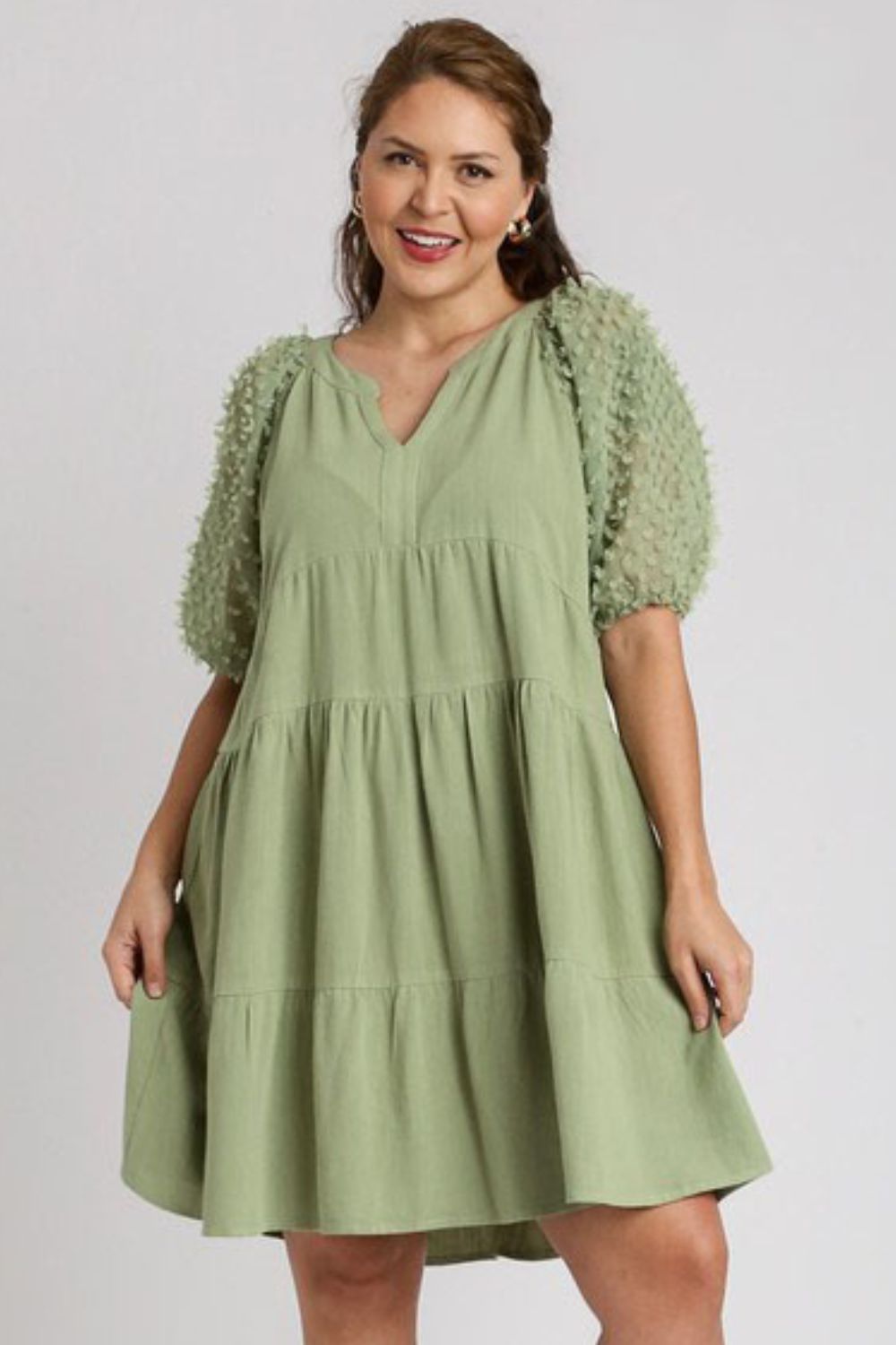 Umgee Full Size Linen Tiered A-Line Split Neck Dress Plus Size Casual Dresses