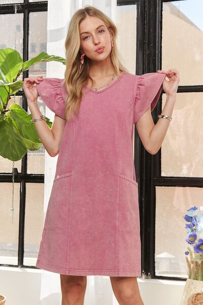 ADORA Mineral Washed V-Neck Ruffled Cap Sleeve Dress Mauve Casual Dresses