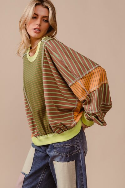 BiBi Color Block Striped Round Neck Sweatshirt Hoodies & Sweaters