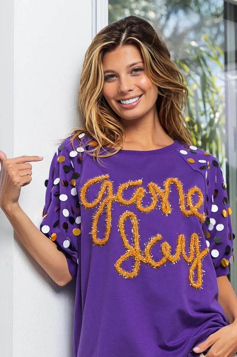 BiBi Game Day Metallic Letter Spangle Sleeve Top - Shop Style & More | Fresh Looks, Everyday Deals & Free Shipping