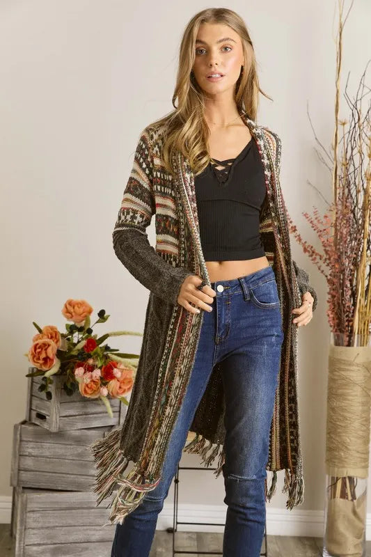 ADORA Full Size Fringe Hem Aztec Cardigan Plus Size Women's Outerwear