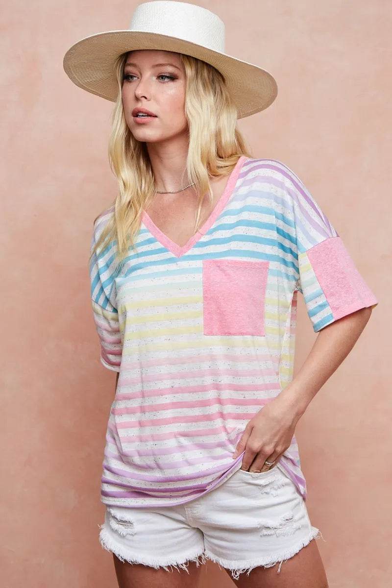 BiBi Rainbow Stripe Printed Triblend Knit Top - Shop Style & More | Fresh Looks, Everyday Deals & Free Shipping