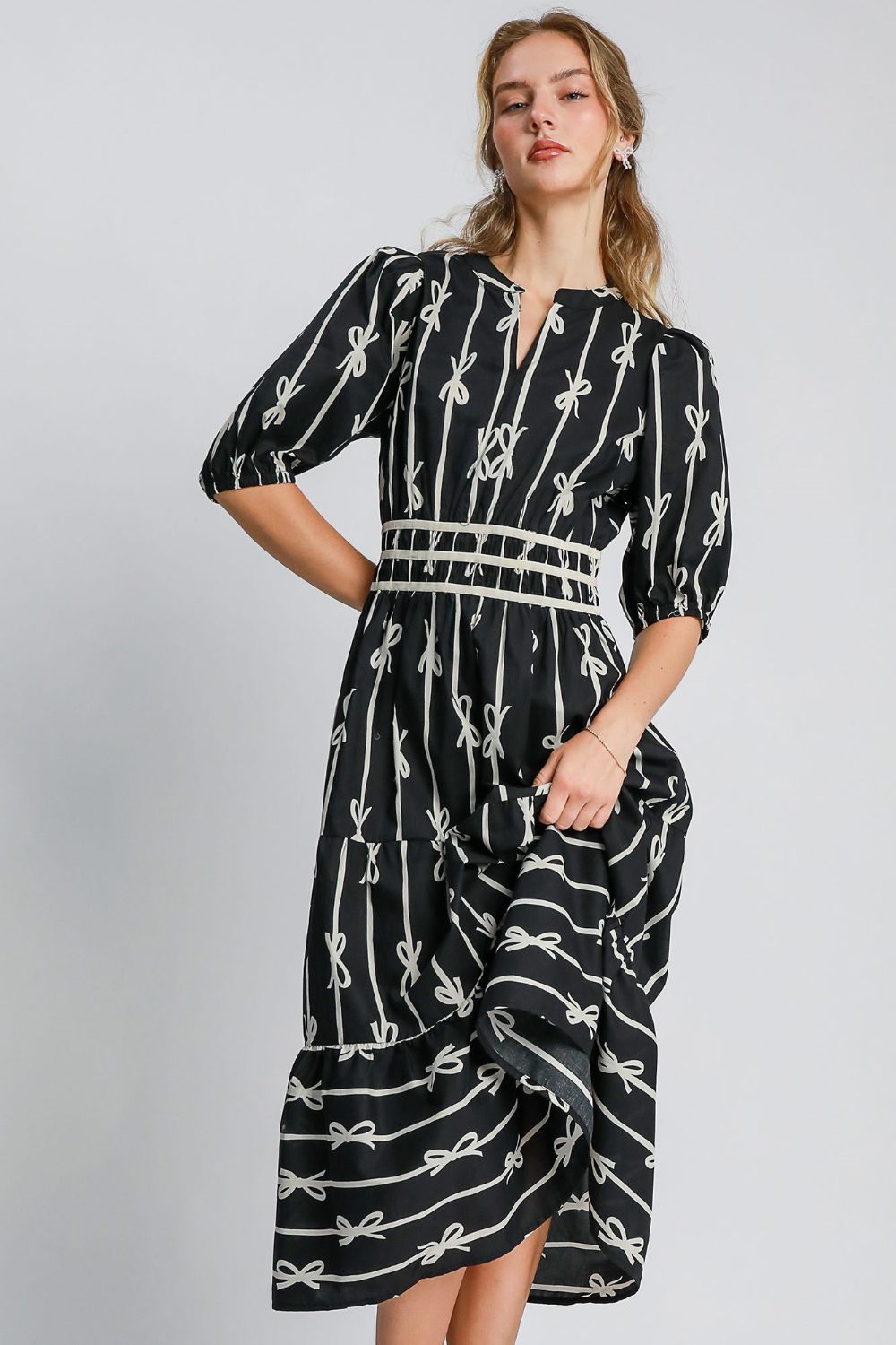 Umgee Bow Tie Print Notched Contrast Velvet Trim Midi Dress Black Casual Dresses