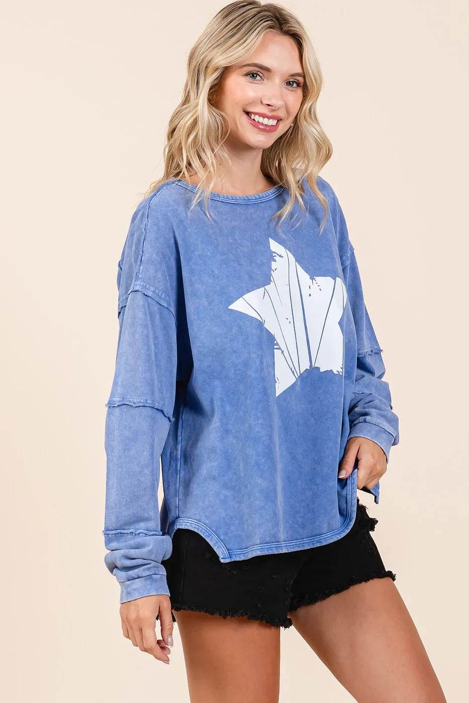 Mittoshop Star Graphic Mineral Wash Long Sleeve Top - Shop Style & More | Fresh Looks, Everyday Deals & Free Shipping
