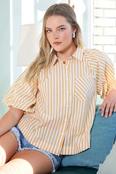 Mittoshop Button Down Striped Puff Sleeve Shirt Blouses