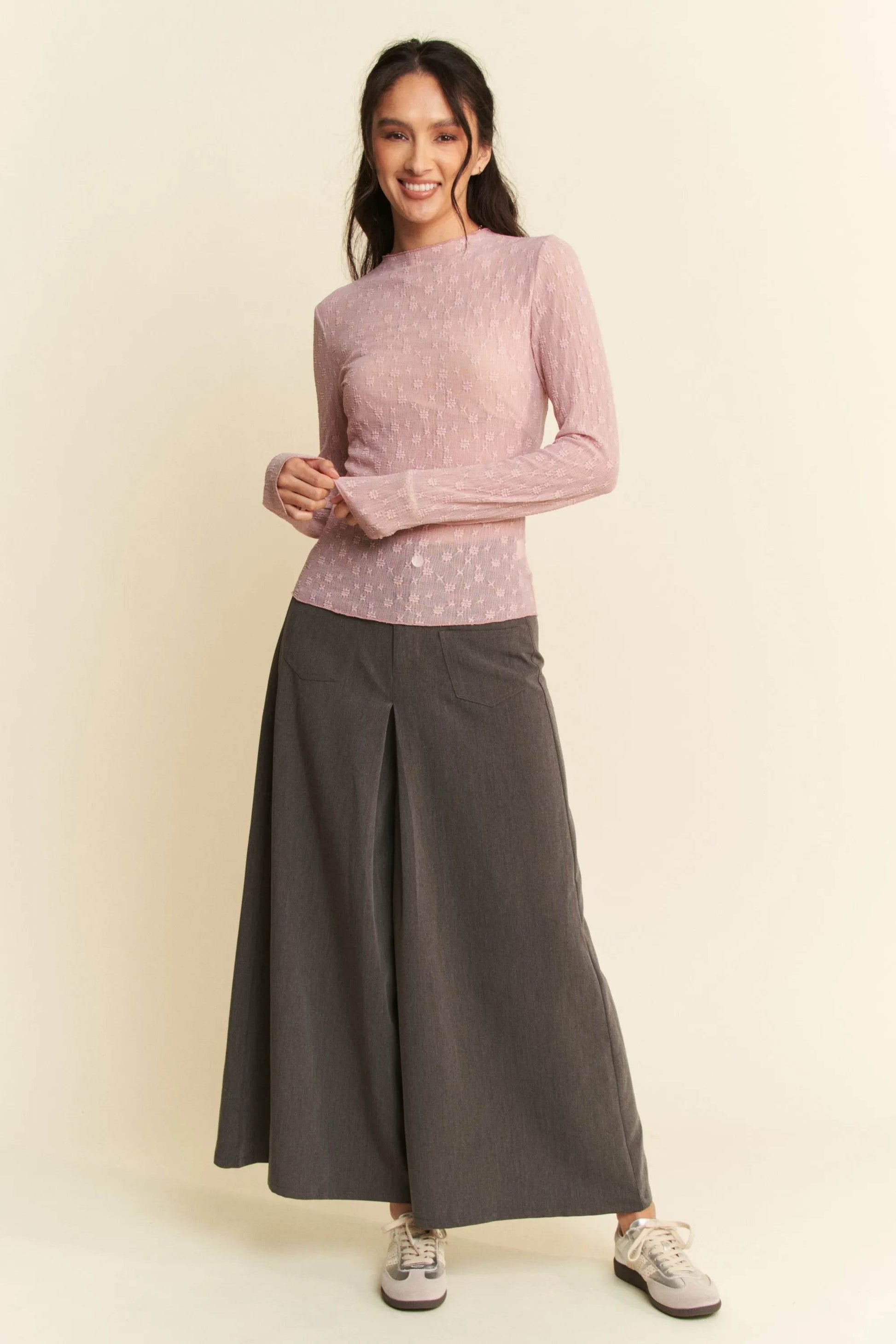 Davi & Dani Long Sleeve Sheer Small Embroidered Bows Lace Top - Shop Style & More | Fresh Looks, Everyday Deals & Free Shipping