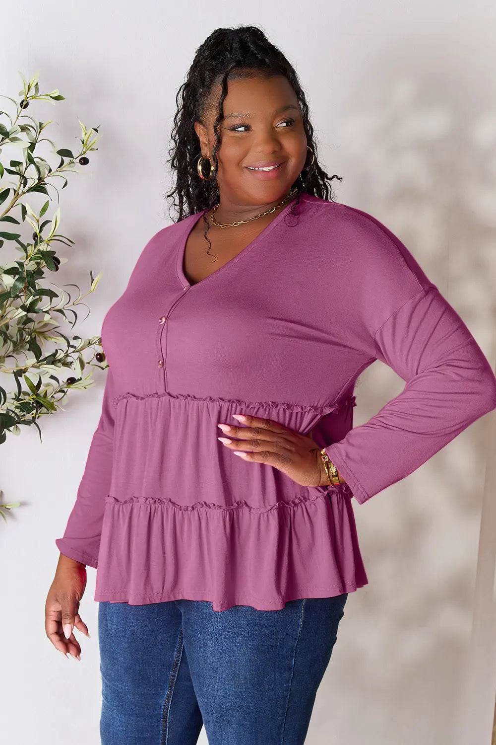 Double Take Half Button Long Sleeve Ruffle Hem Blouse - Shop Style & More | Fresh Looks, Everyday Deals & Free Shipping