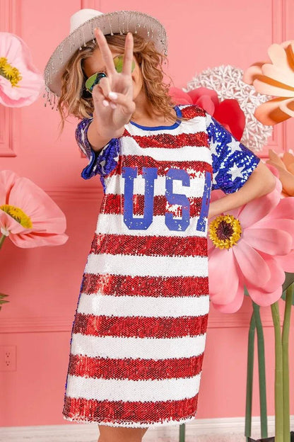 BiBi American Flag Theme Usa Print Sequin Dress - Shop Style & More | Fresh Looks, Everyday Deals & Free Shipping