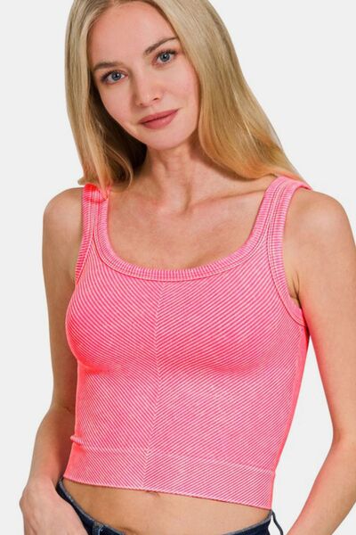 Zenana Washed Ribbed Scoop Neck Wide Strap Tank N Coral Fuchsia Top - Femme & Flirty