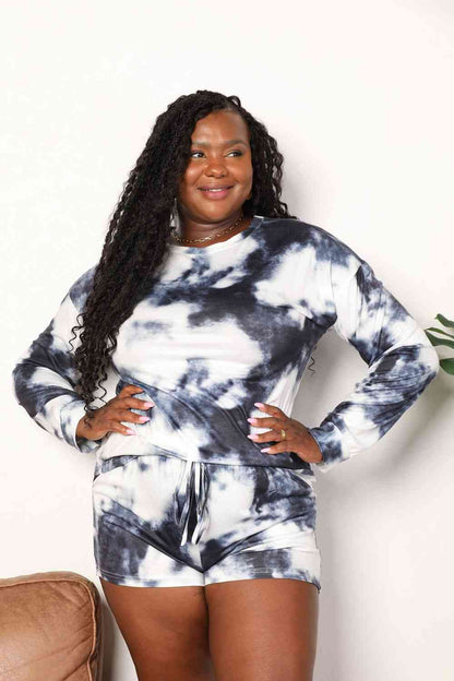 Shiny Tie-Dye Round Neck Top and Shorts Lounge Set Dark Gray Lounge Set