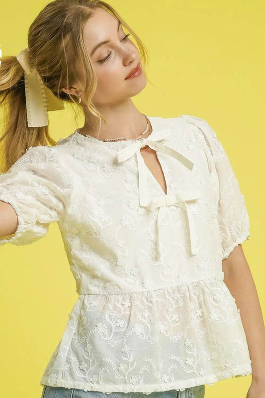 Umgee Embroidered Tie Front Peplum Blouse - Shop Style & More | Fresh Looks, Everyday Deals & Free Shipping