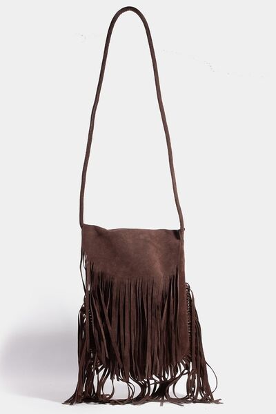 Fame Faux Suede Fringe Rectangle Crossbody Bag Dark Brown One Size Bags