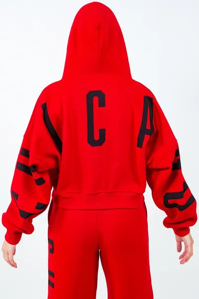 American Bazi Letter Graphic Long Sleeve Drawstring Cropped Hoodie Red Hoodies & Sweaters