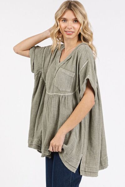 Mittoshop Mineral Wash Gauze Babydoll V-Neck Oversized Blouse Blouses