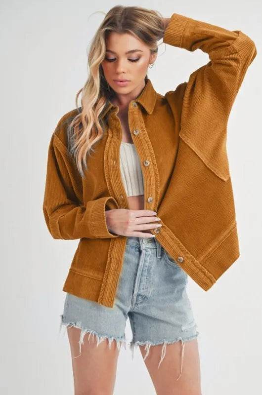 Aemi + Co Side Slit Exposed Seam Button Up Corduroy Jacket - Shop Style & More | Fresh Looks, Everyday Deals & Free Shipping