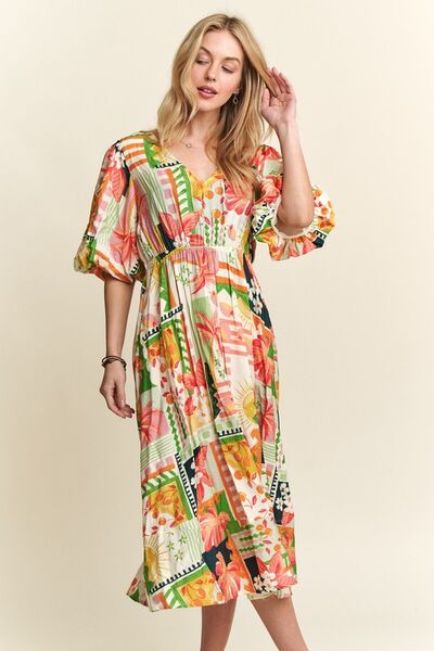 ADORA Floral V-Neck Puff Sleeve Midi Dress Casual Dresses