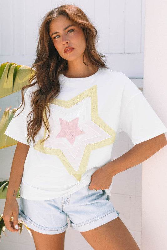 Lisa Layered Star Patched Half Sleeve Loose Top - Shop Style & More | Fresh Looks, Everyday Deals & Free Shipping