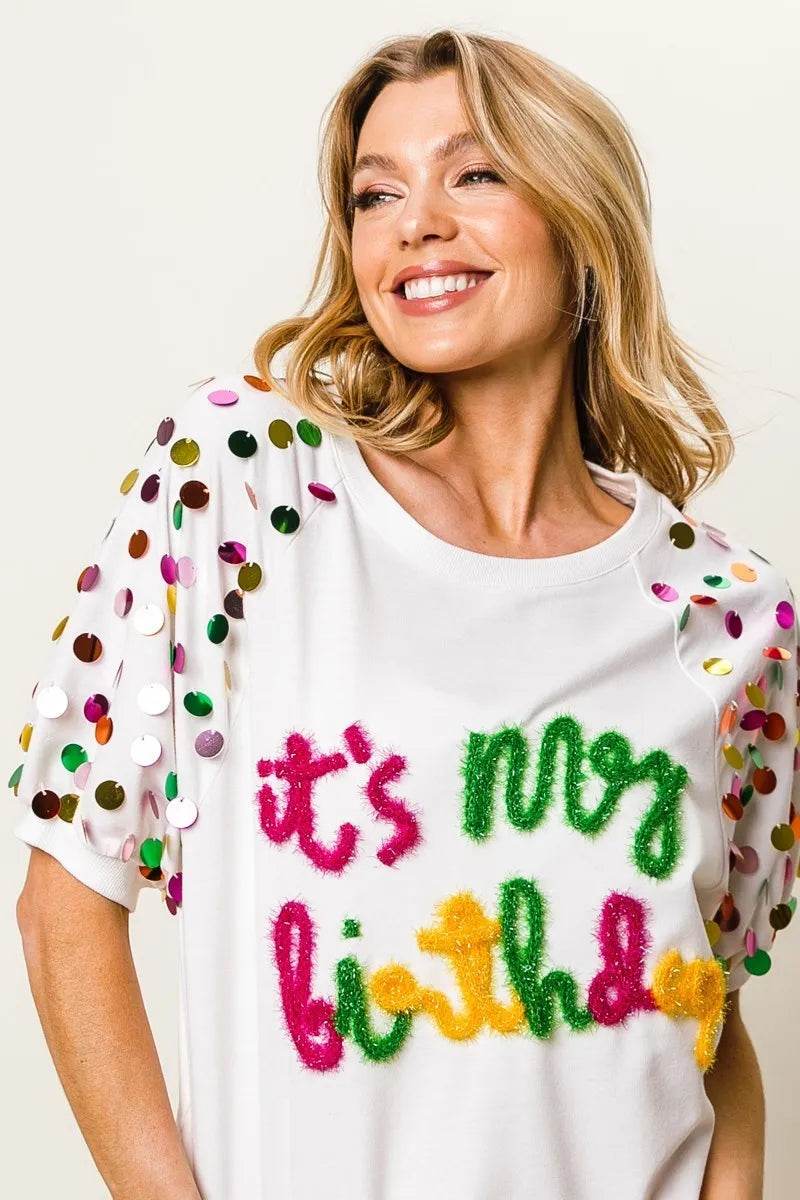 BiBi Metallic Letter Spangle Raglan Puff Sleeve Top - Shop Style & More | Fresh Looks, Everyday Deals & Free Shipping