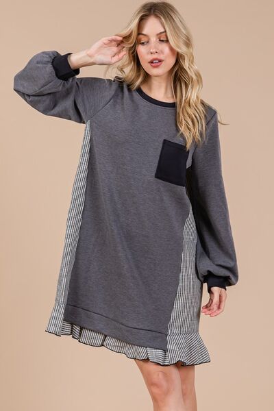 Ces Femme Striped Patchwork Round Neck Terry Sweatshirt Dress Casual Dresses