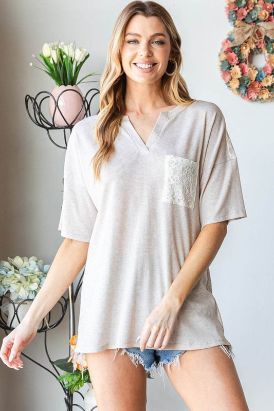 Heimish Full Size Lace Front Pocket Drop Shoulder Top - Shop Style & More | Fresh Looks, Everyday Deals & Free Shipping