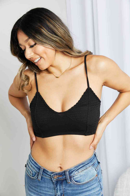 Zenana Full Size Textured Spaghetti Strap Bralette in Black Bras