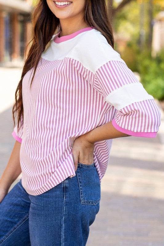 Aliyah Striped Patchwork 3/4 Sleeve Casual Top - Shop Style & More | Fresh Looks, Everyday Deals & Free Shipping