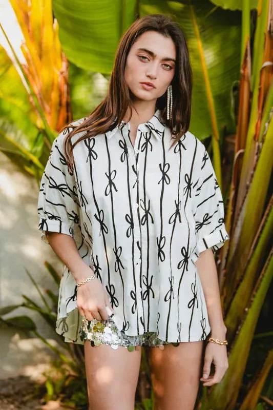 BiBi Bow Ribbon Woven Printed Button Down Shirt - Shop Style & More | Fresh Looks, Everyday Deals & Free Shipping
