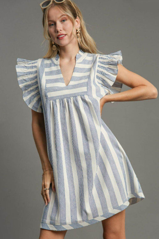 Umgee Full Size Striped Notched Ruffled Cap Sleeve Mini Dress Plus Size - Shop Style & More | Fresh Looks, Everyday Deals & Free Shipping