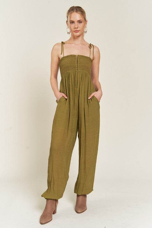 SMOCKED TIE STRAP JUMPSUIT - Shop Style & More | Fresh Looks, Everyday Deals & Free Shipping