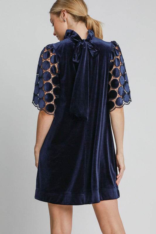 Umgee Dotted Lace Half Sleeve Mock Neck Back Tie Velvet Dress - Shop Style & More | Fresh Looks, Everyday Deals & Free Shipping