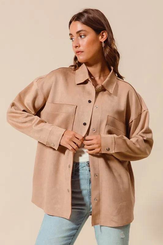 SO ME Faux Sued Snap Shacket with Collar and Pockets - Shop Style & More | Fresh Looks, Everyday Deals & Free Shipping