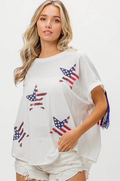 BiBi American Flag Sequin Star Fringe Top - Shop Style & More | Fresh Looks, Everyday Deals & Free Shipping