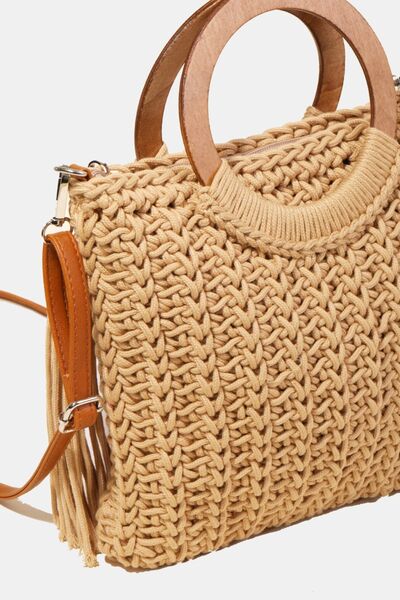 Fame Crochet Knit Convertible Tote Bag with Tassel Bags