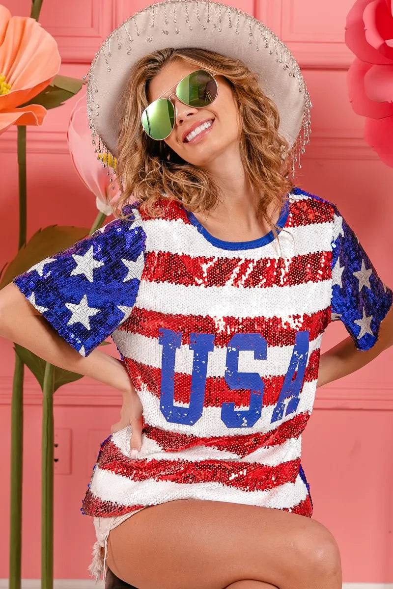 BiBi American Flag Theme USA Lettering Sequin Top - Shop Style & More | Fresh Looks, Everyday Deals & Free Shipping
