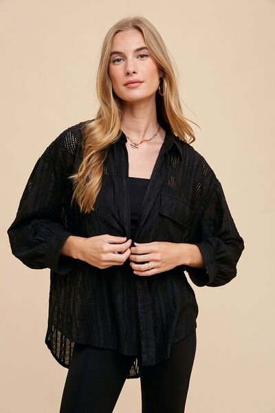 Annie Wear Openwork Button Down Drop Shoulder Shirt Blouses