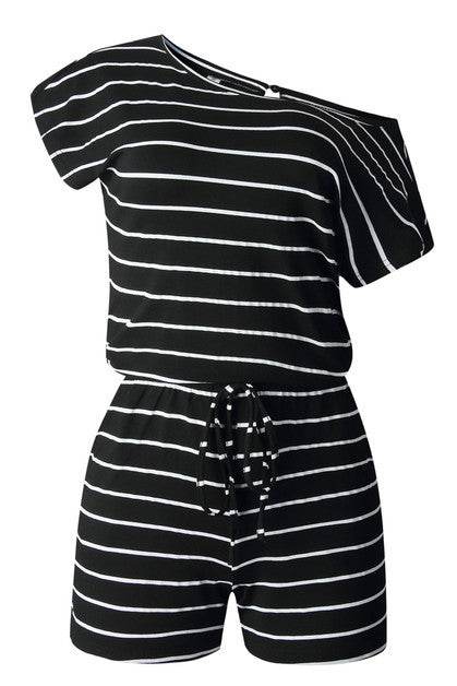 Striped Short Sleeve Drawstring Waist Romper - Shop Style & More | Fresh Looks, Everyday Deals & Free Shipping